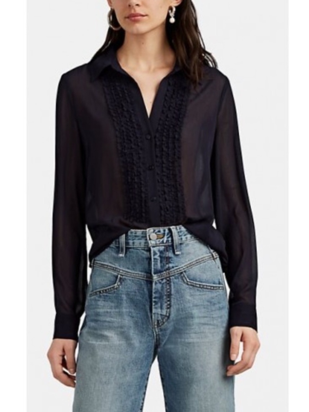 L'Agence Mari Ruffle Chiffon Tuxedo Navy Blue Semi Sheer Metallic Thread Blouse.